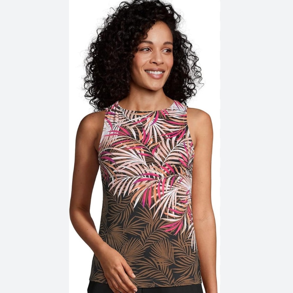 Land's End Brown Black High Neck Tankini Top Sz 14 T3